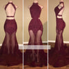 Red Wine African Prom Dress Mermaid Sexy See Through High Neck Halter Lace Women Formal Gown Evening Party Dress
