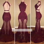 Red Wine African Prom Dress Mermaid Sexy See Through High Neck Halter Lace Women Formal Gown Evening Party Dress