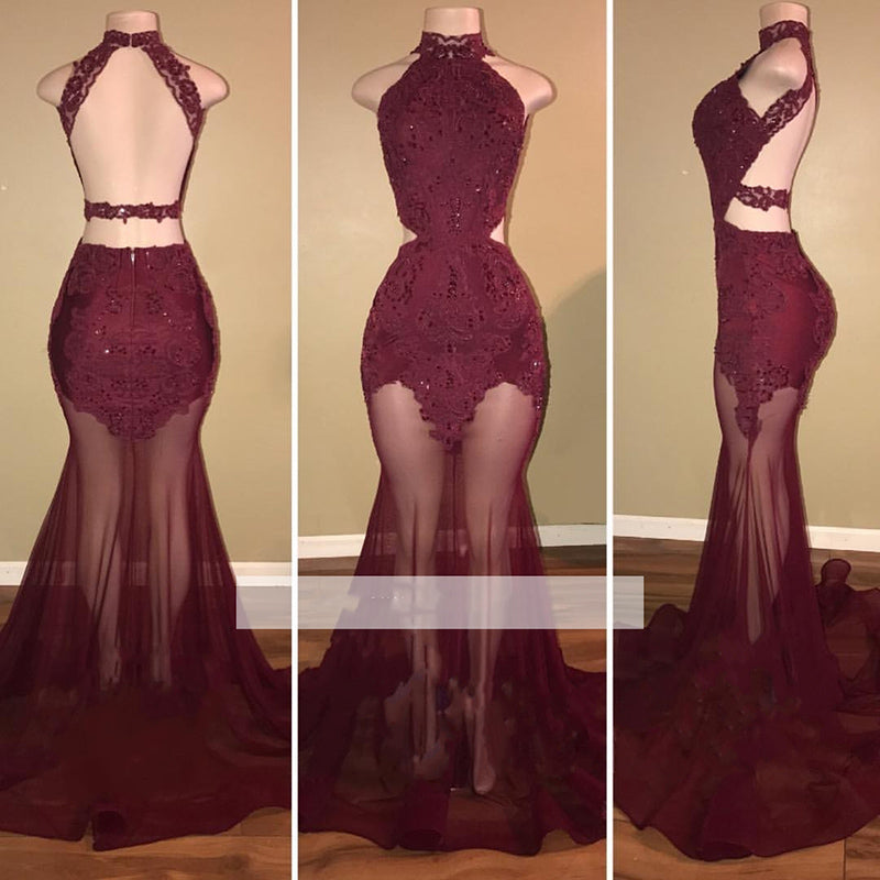 Red Wine African Prom Dress Mermaid Sexy See Through High Neck Halter Lace Women Formal Gown Evening Party Dress