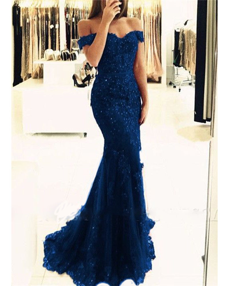 Elegant Lace Embellish Mermaid 2022 Prom Dress Wine Red Off the shoulder Evening Long Dress