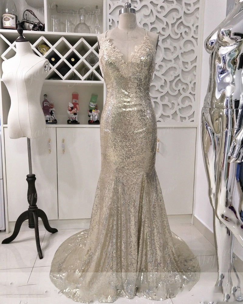 Sexy Mermaid Spaghetti Straps Evening Dress Long Mermaid Gold Sequins Women Formal Prom Gown