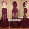 new Wine Red Mermaid See Through Halter Prom Dress Sexy African Formal Gown LT125