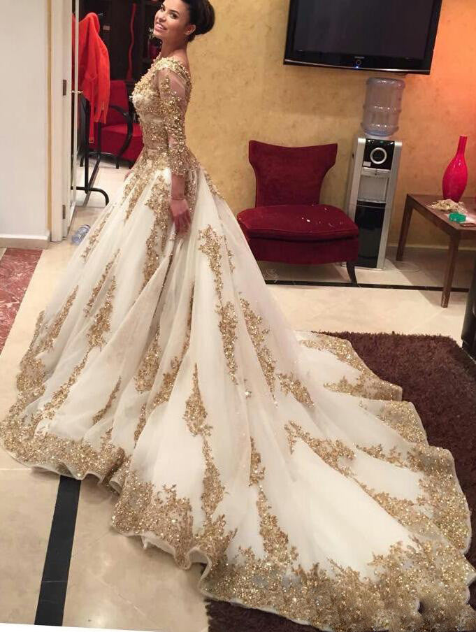 Siaoryne Muslim Custom Made Champagne Appliqued Lace Wedding Dress Long Sleeves