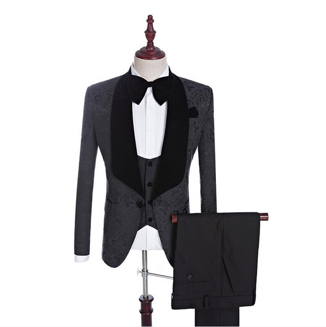 2020 Suits 3 Piece Black Shawl Lapel Groom Tuxedos Beige Men Suits Wedding Best Man Blazer (Jacket+Pants+ Bow Tie+Vest)