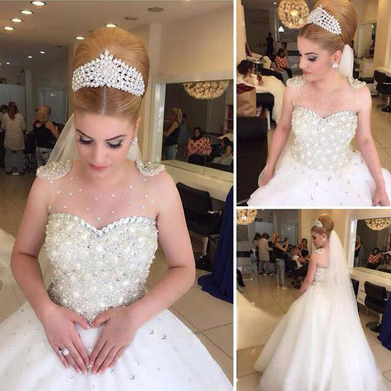 Princess Pearl Illusion Neckline Ball Gown Wedding Gown robe mariage Bride Dress White WD6601