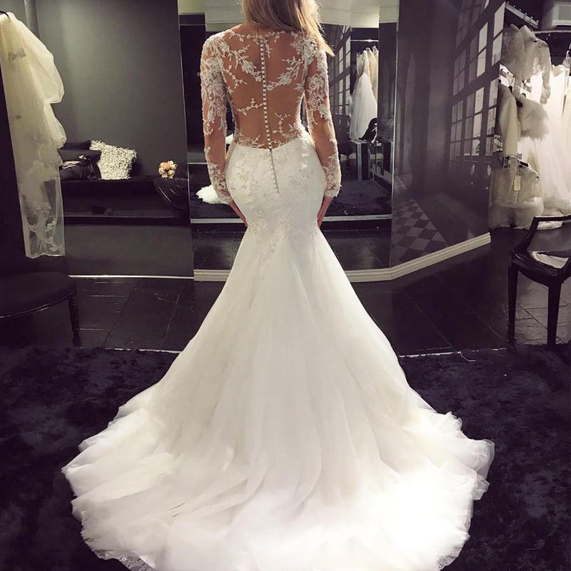 Sexy See Through Long Sleeves V Neck Mermaid Fishtail Wedding Dresses