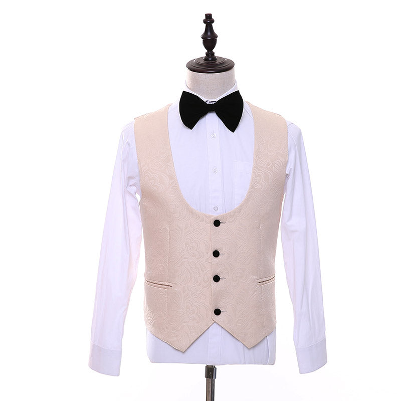 2020 Suits 3 Piece Black Shawl Lapel Groom Tuxedos Beige Men Suits Wedding Best Man Blazer (Jacket+Pants+ Bow Tie+Vest)