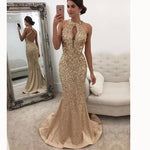 Sexy Mermaid Crystal Beading Long Evening Dress Formal Prom Dresses Champagne Siaoryne LP032