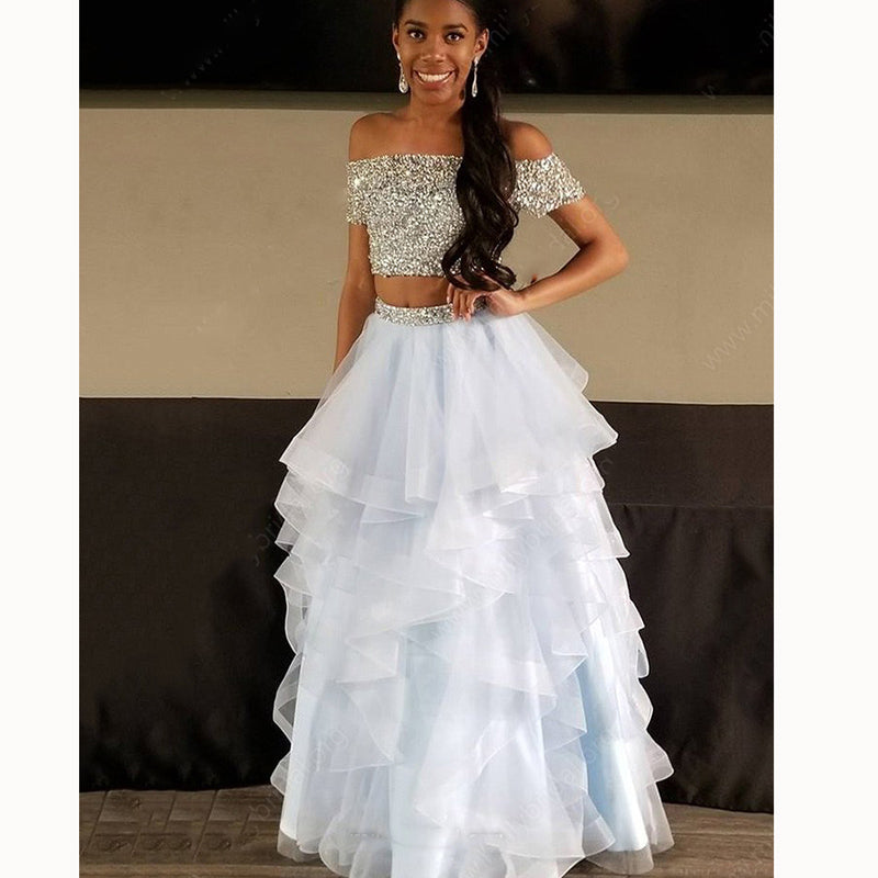 Baby Blue Short Sleeves Off Shoulder Two Pieces Lace Prom Dress Ruffle Siaoryne Baby Blue Short Sleeves Off Shoulder Two Pieces Lace Prom Dress Ruffle Siaoryne