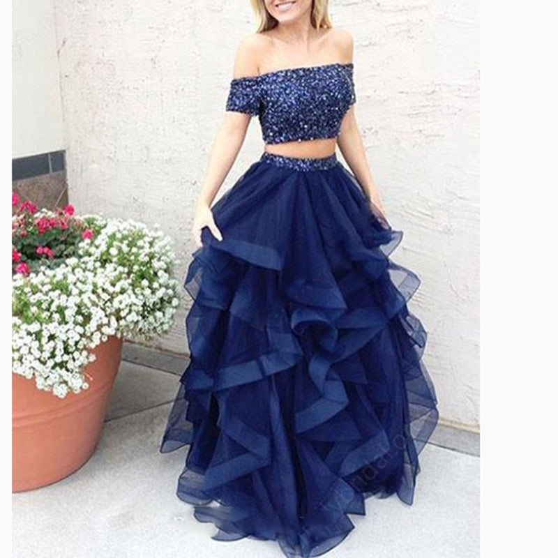 Baby Blue Short Sleeves Off Shoulder Two Pieces Lace Prom Dress Ruffle Siaoryne Baby Blue Short Sleeves Off Shoulder Two Pieces Lace Prom Dress Ruffle Siaoryne