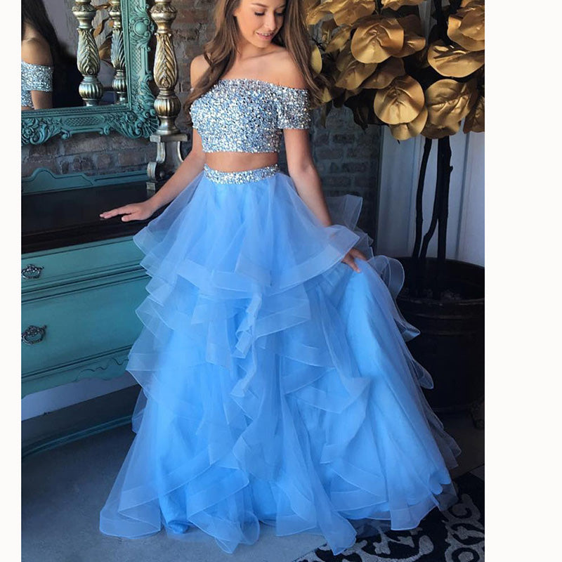 Baby Blue Short Sleeves Off Shoulder Two Pieces Lace Prom Dress Ruffles Girls Graduation Gown Crop Top MO002