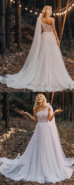 2022 One Shoulder Wedding Dresses Applique Lace  Sweep Train Tulle Bride Gowns Vestido De Novia WD1112