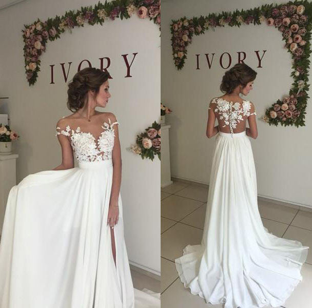 Lace and Chiffon Illusion Cap Sleeves Beach Wedding Dress boho Bridal Gown