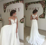 Siaoryne LO0926 Sexy Nude See Through Lace Cap Sleeves Split Long Ivory Chiffon Beach Wedding Dresses Bridal Gown