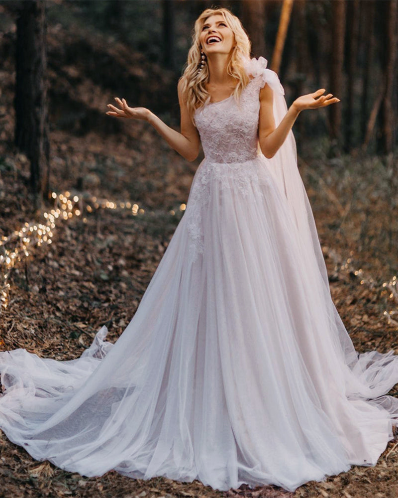2022 One Shoulder Wedding Dresses Applique Lace  Sweep Train Tulle Bride Gowns Vestido De Novia WD1112
