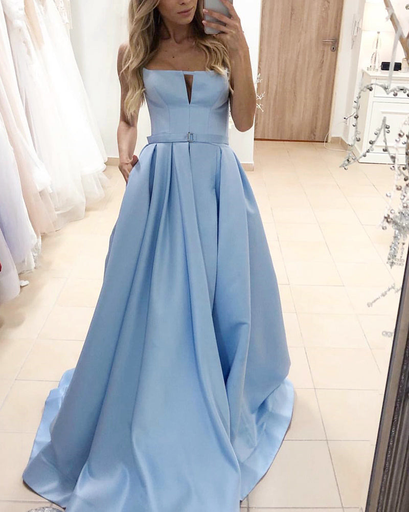 Unique Style Strapless Satin A Line Sky Blue Long Formal Prom Party Gown PL01209