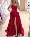 Sexy One Shoulder Wine Red Prom Evening Dress Long with high Slit PL012131
