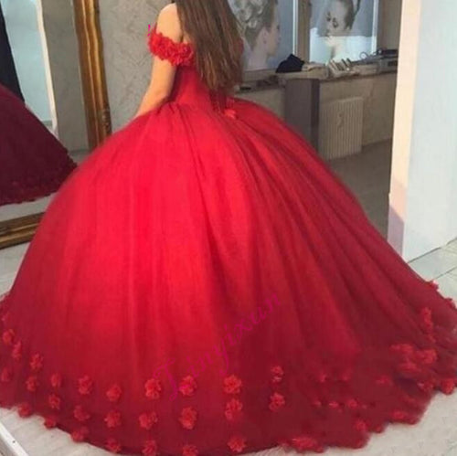 Romantic Red Quinceanera Dress With Handmade Flowers Ball Gown Prom Gown  vestidos de 15 anos