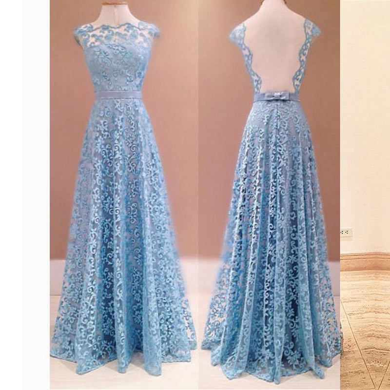 Fancy Blue Lace Boat Neck Open Back Prom Dresses Long Women Formal Evening Gown 2020