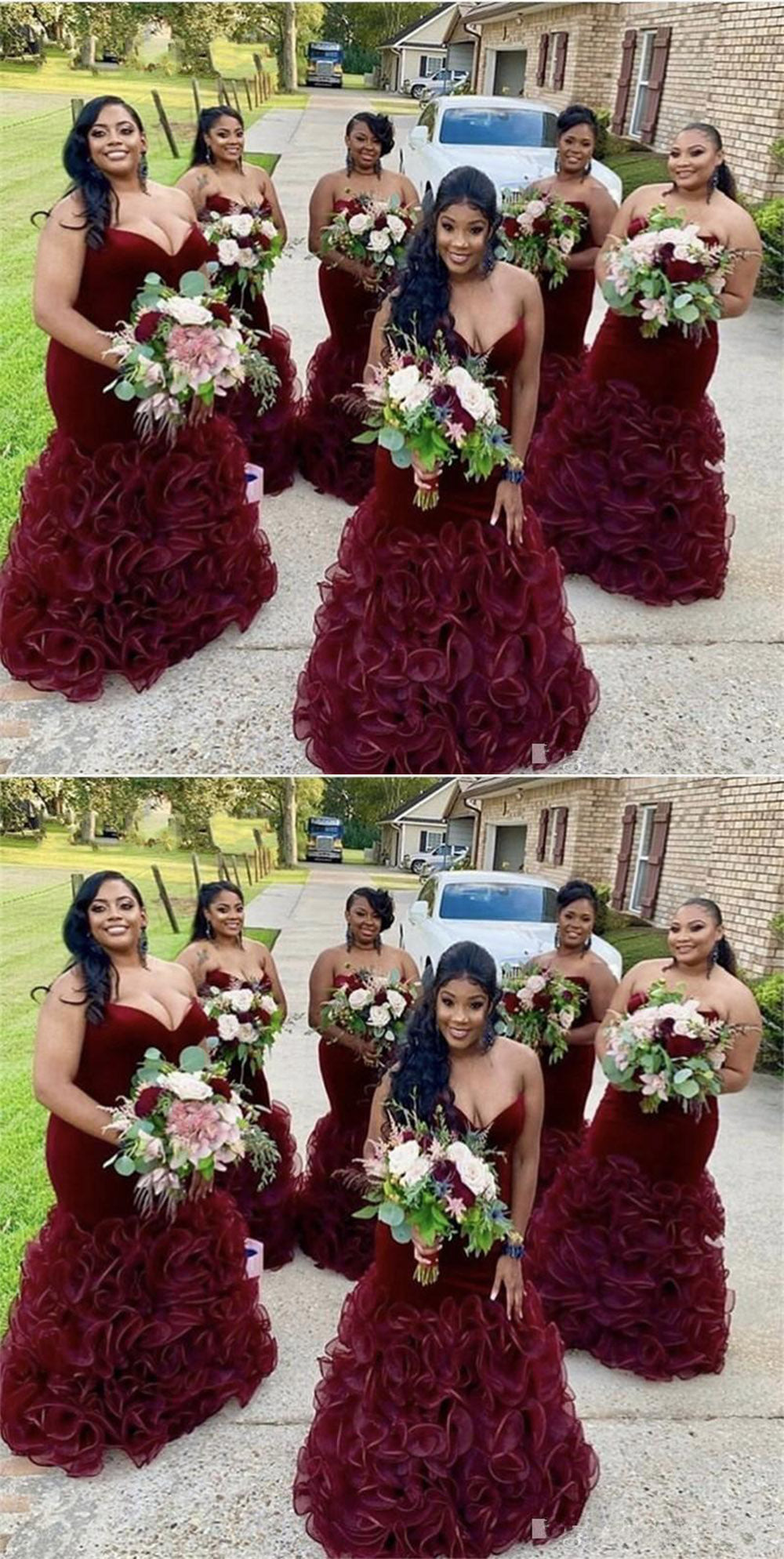 burgundy mermaid bridesmaid dresses