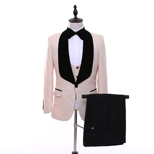 2020 Suits 3 Piece Black Shawl Lapel Groom Tuxedos Beige Men Suits Wedding Best Man Blazer (Jacket+Pants+ Bow Tie+Vest)