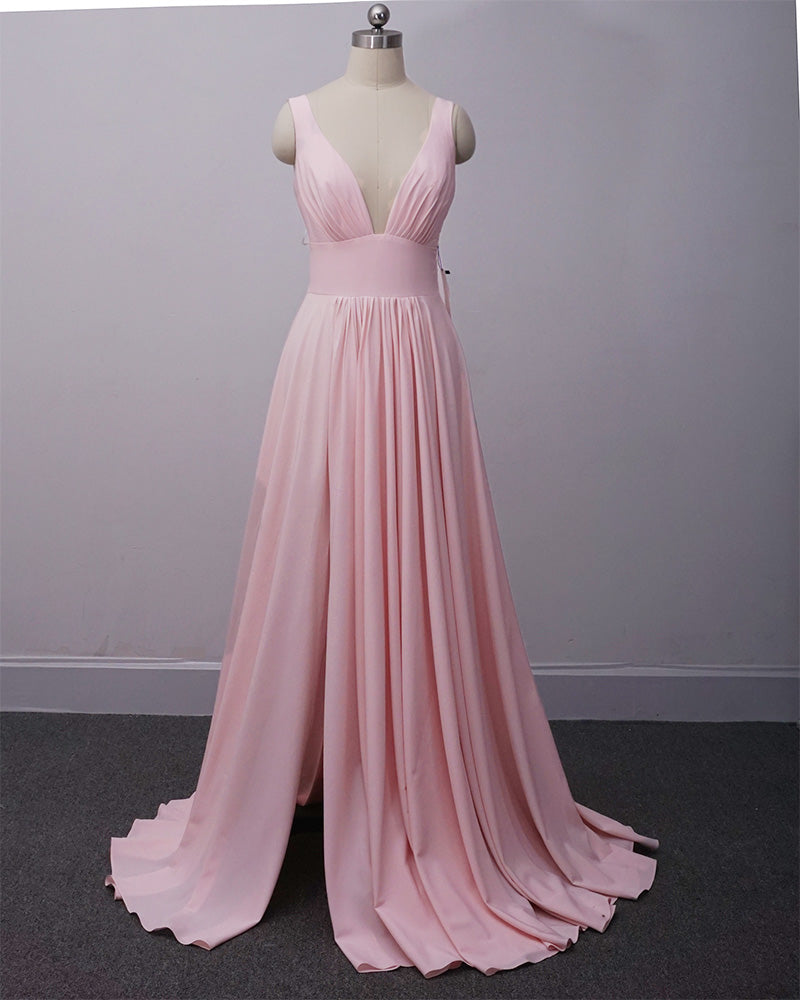 Pink Summer V Neck Bridesmaid Dresses Long PL210