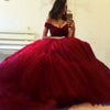 Dreamy vestido de formatura longo Red Ball Gown Prom Dresses Tulle Off the Shoulder Formal Gown