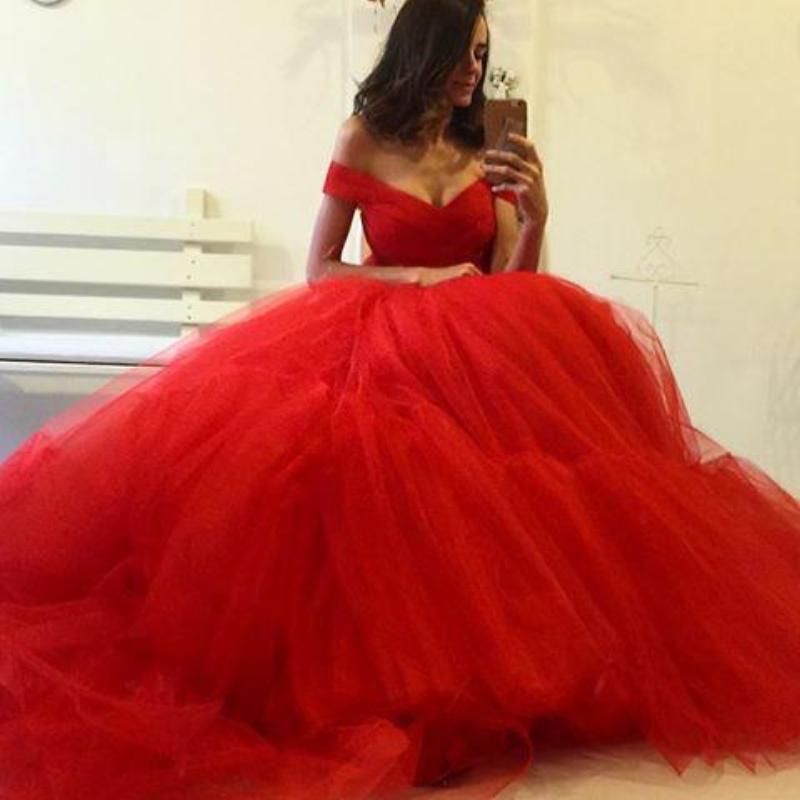 Dreamy vestido de formatura longo Red Ball Gown Prom Dresses Tulle Off the Shoulder Formal Gown