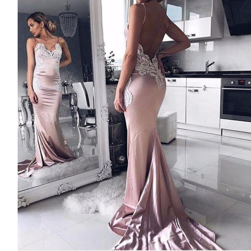 Sexy Backless Rose Pink Satin Mermaid Prom Dress lace Appliqued Formal Evening Dresses with Spaghetti Straps  LP1322