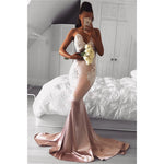 Sexy Backless Rose Pink Satin Mermaid Prom Dress lace Appliqued Formal Evening Dresses with Spaghetti Straps  LP1322