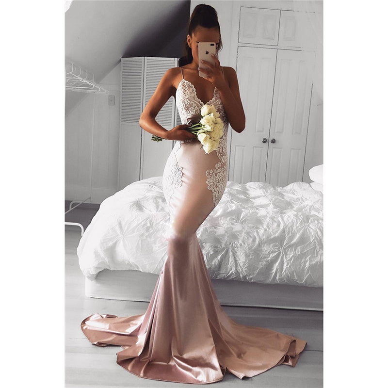 Sexy Backless Rose Pink Satin Mermaid Prom Dress lace Appliqued Formal Evening Dresses with Spaghetti Straps  LP1322