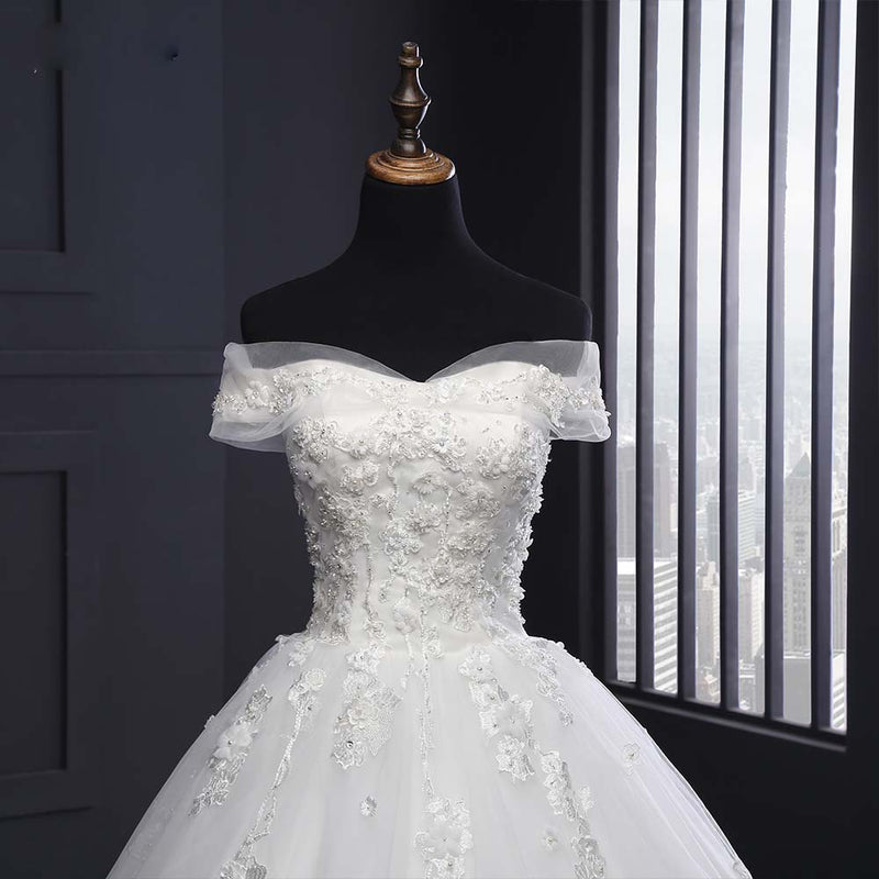 Luxury Off Shoulder Court Train Lace Wedding Dresses  White Bridal Gown A Line Robe De Mariee WD610