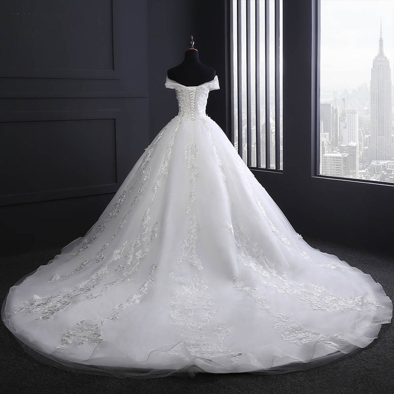 Luxury Off Shoulder Court Train Lace Wedding Dresses  White Bridal Gown A Line Robe De Mariee WD610