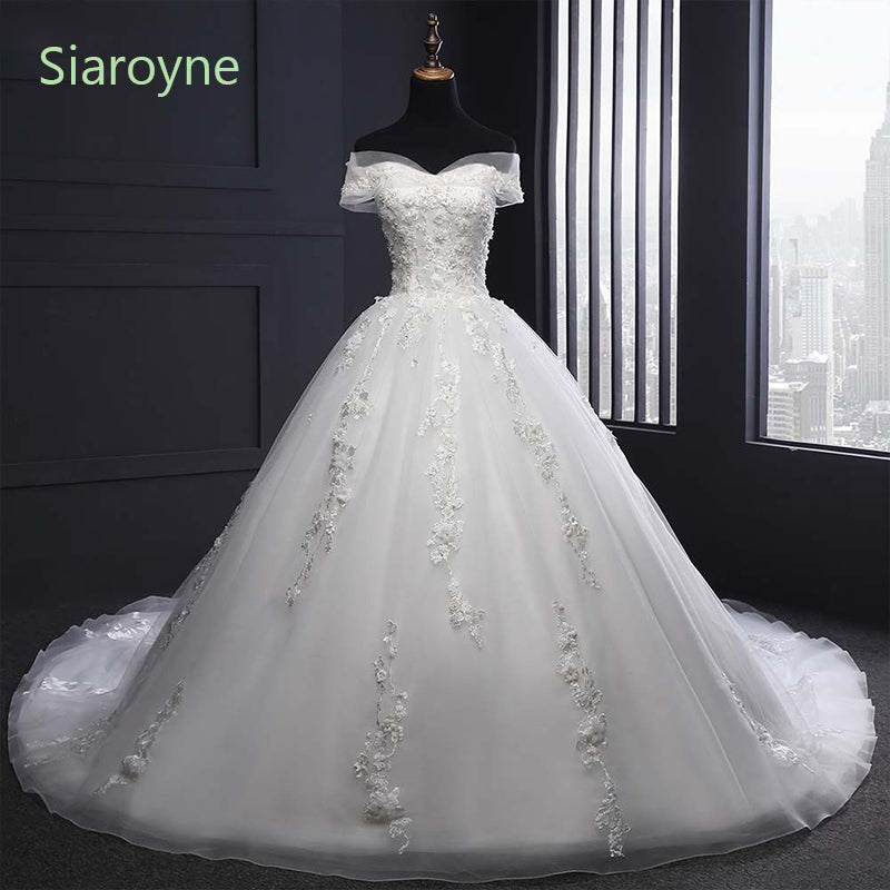 Vestidos de novia de lujo con hombros descubiertos y cola de corte en A, de encaje, color blanco, WD610