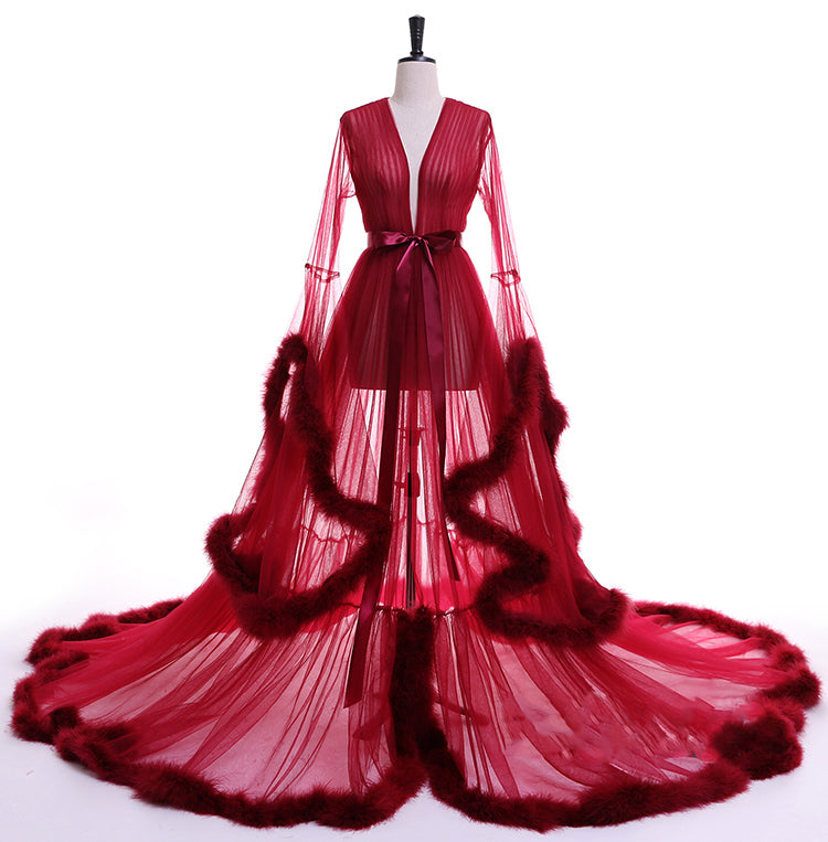 Sexy Sheer Feather Bridal Robe Tulle Illusion Long Wedding Scarf New Custom Made Birthday Maternity Photography Robe Maternity Dress