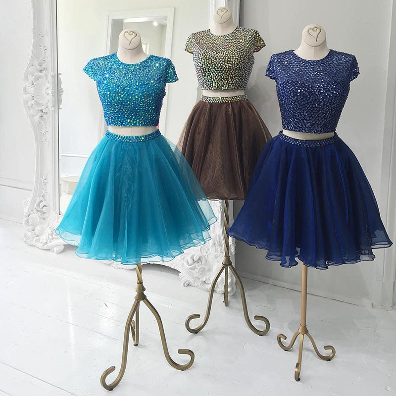 Two-Piece Cap-Sleeve Dress with Beaded Bodice
