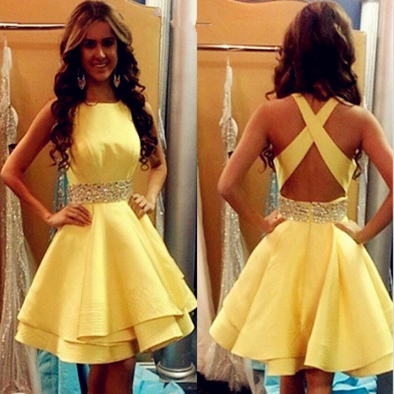 Yellow Cross Back Satin Short Prom Homecoming Dresses 8th Grade Dress ...