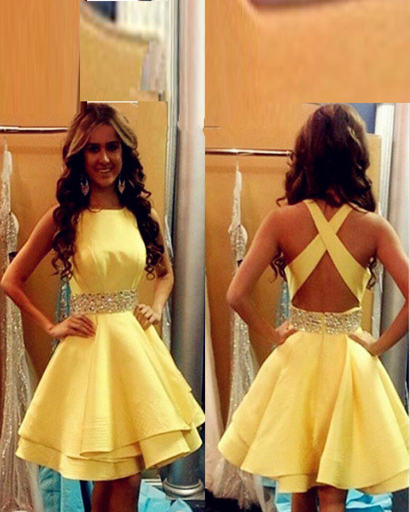 Yellow Cross Back Satin Short Prom Homecoming Dresses 8th Grade Dress SP621