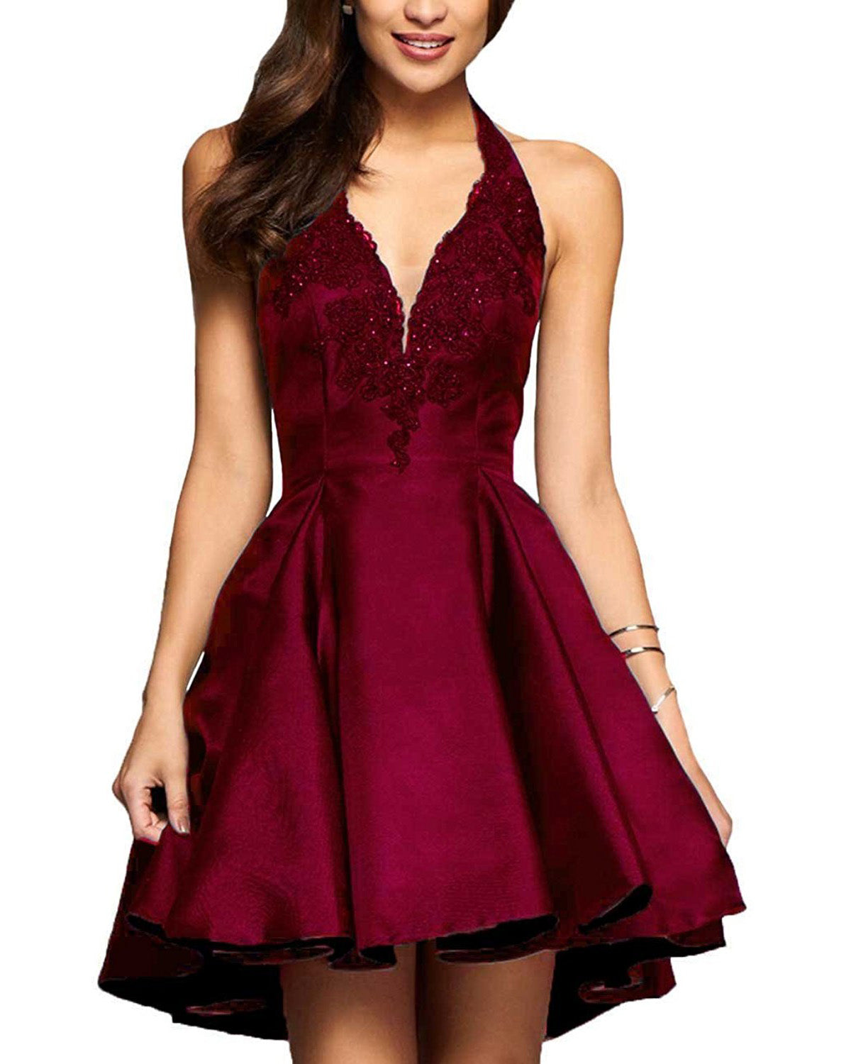 Burgundy Halter V Neck Short Lace Appliqued Homecoming Dress Short Cocktail Party Dresses SP0171