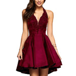 Burgundy Halter V Neck Short Lace Appliqued Homecoming Dress Short Cocktail Party Dresses SP0171