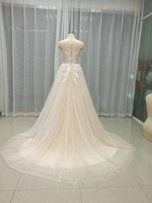 Champagne Beach Summer Wedding Gown Lace Bridal Dresses WD047