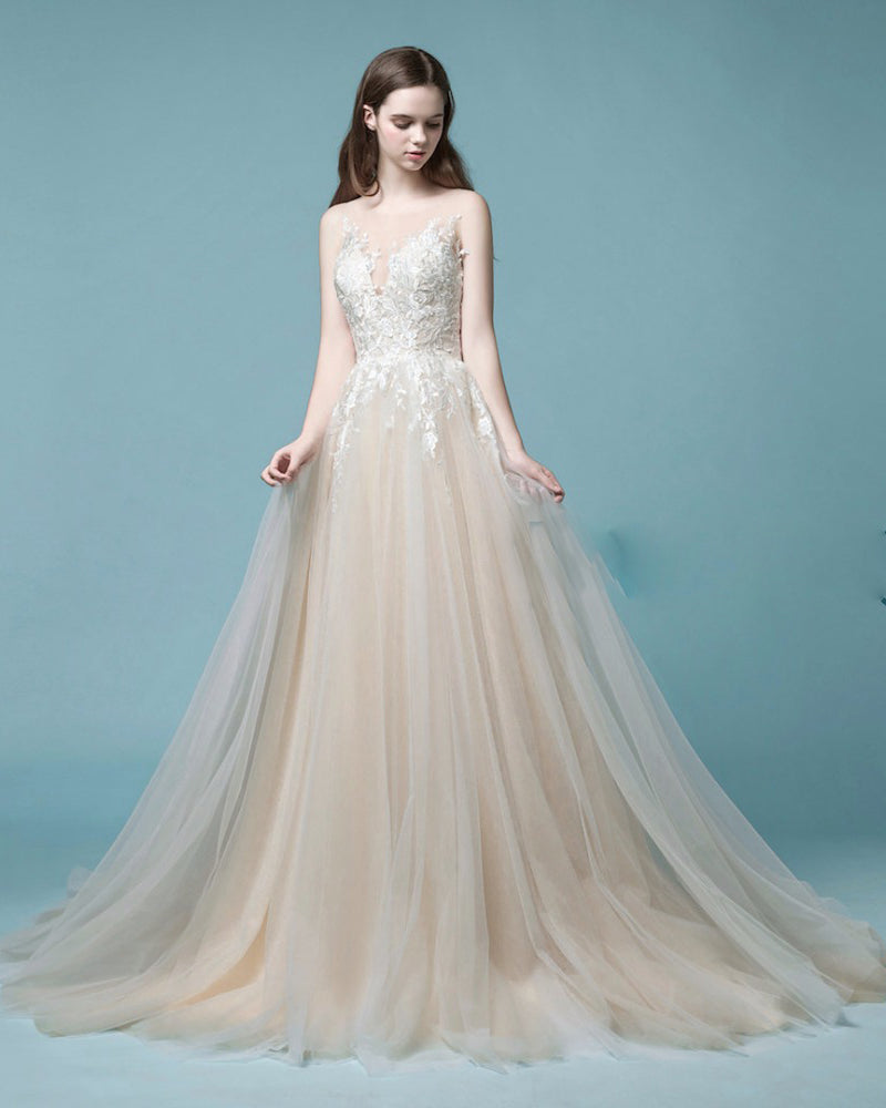 Champagne Beach Summer Wedding Gown Lace Bridal Dresses WD047