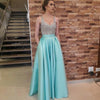 Elegant Blue Silver A Line Long satin Beaded Prom Dresses Evening Formal Gowns for women