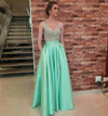 Elegant Blue Silver A Line Long satin Beaded Prom Dresses Evening Formal Gowns for women