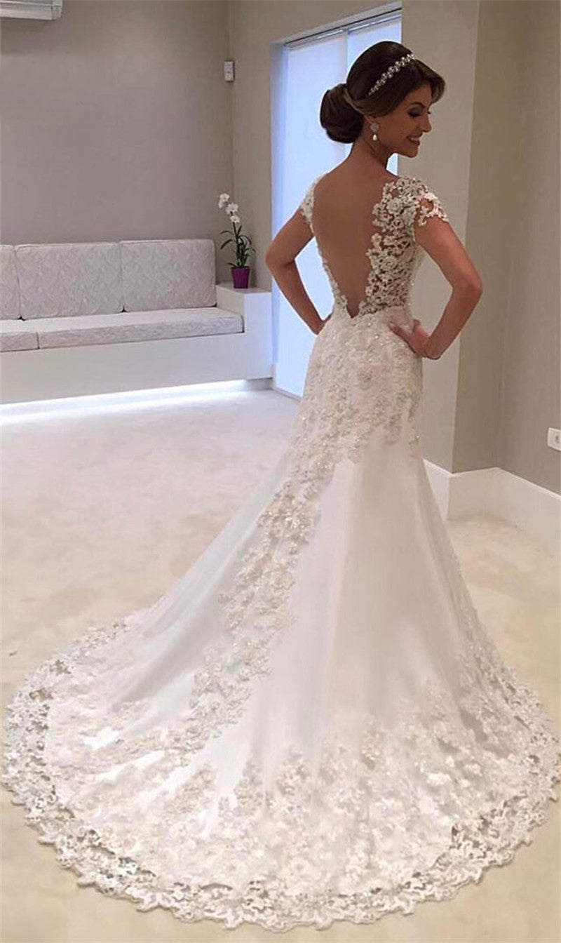 Classy White Backless Lace Mermaid Bride Dresses 2022 V Neck Short Sle Siaoryne