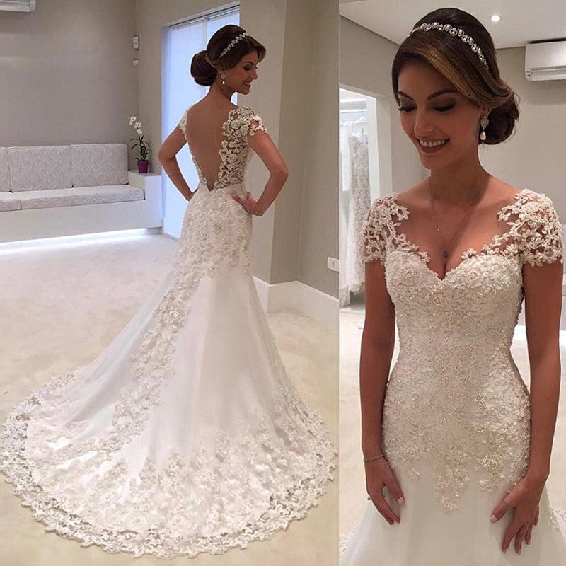Vestidos de novia elegantes de sirena con encaje sin espalda en blanco 2022 Vestido de novia de manga corta con cuello en V Vestido de boda