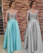 Elegant Blue Silver A Line Long satin Beaded Prom Dresses Evening Formal Gowns for women