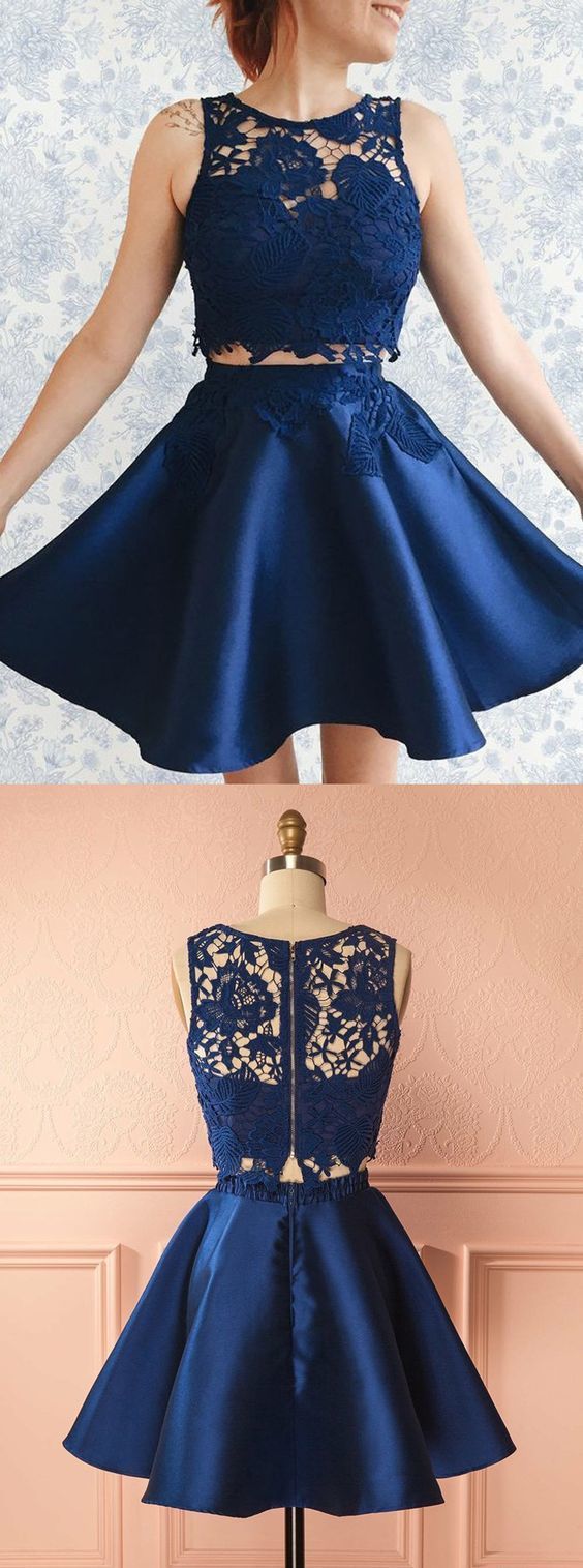 Two Piece Sleeveless Navy Blue Lace Satin Short Mini Homecoming Dress