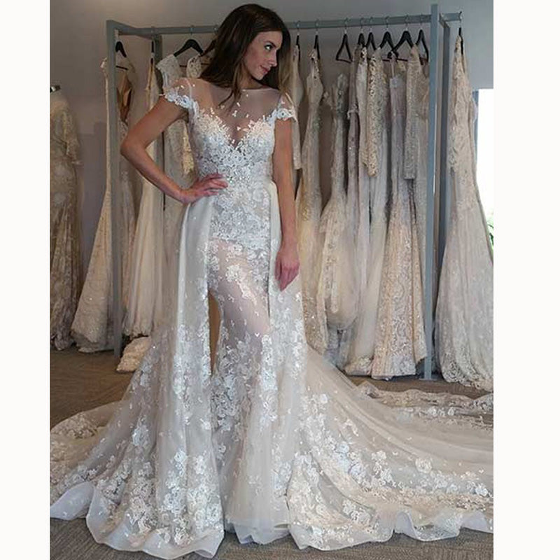 Vestido de novia de sirena de encaje con cola desmontable de lujo 2018 Vestidos de novia de encaje 