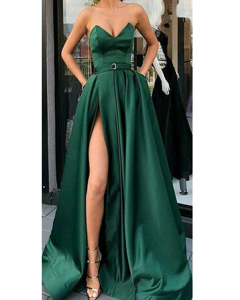 Dark Green outfit Corset Sweetheart Long Prom Party dresses with Belt High Slit Leg PL541